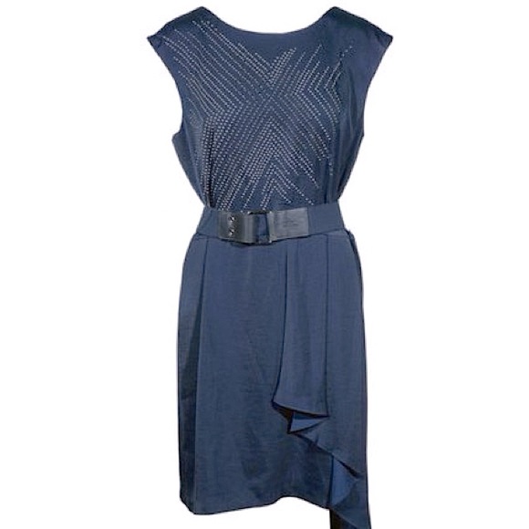 Limited Edition 2010 BCBGMaxAzria Runway Studded Navy Belted Sheath Asymmetrical - Picture 12 of 15